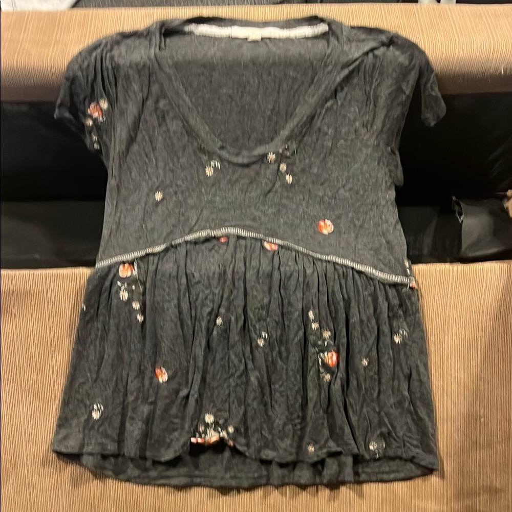 Floral Embroidered Charcoal Peplum Top